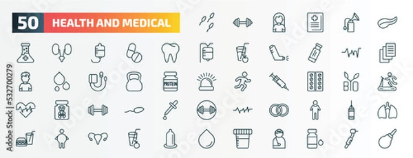 Fototapeta set of 50 special lineal health and medical icons. outline icons such as sperm, pancreas, teeth, beat, kettlebell, contraceptive pills, exercise, rings, fat, urine line icons.