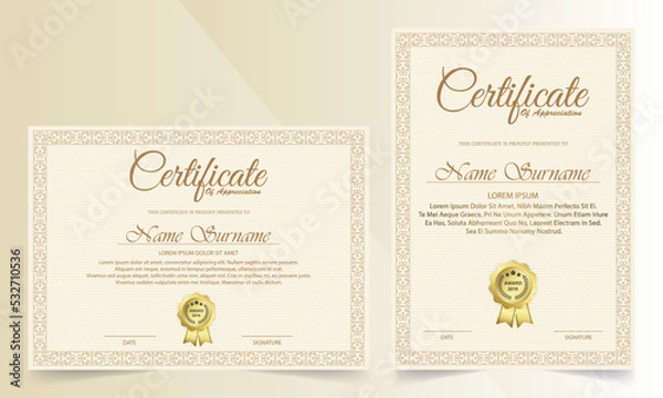 Obraz Certificate Appreciation Template With Vintage Gold Border