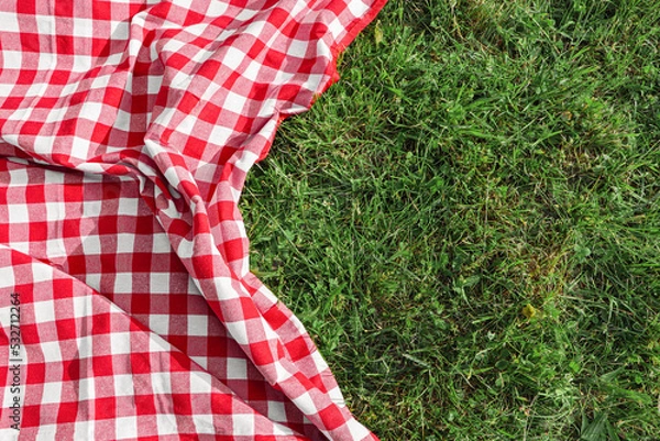 Fototapeta Checkered picnic tablecloth on fresh green grass, top view. Space for text