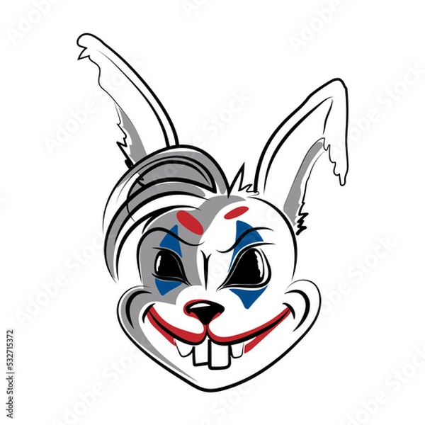 Obraz A bad bunny, hand-drawn in doodle style. Hare joker. Crazy rabbit head. Stylization of an animal with human emotions. Symbol of the year. Vector illustration.