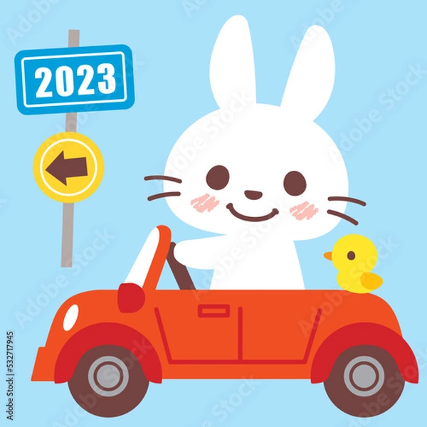 Fototapeta 車に乗ってるウサギ＿ライン無し