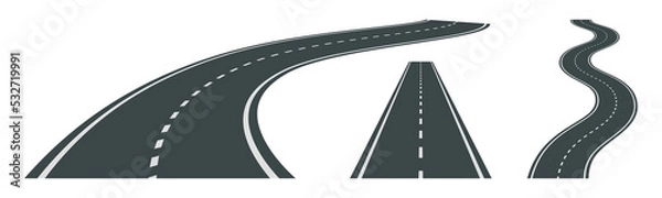 Fototapeta Vector illustration of bending roads with white markings isolated on white background. Set of asphalt roads in perspective view. Collection of empty curved highways.