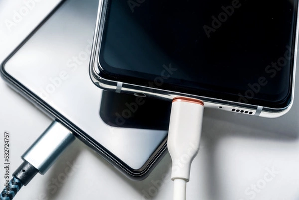 Obraz 充電中のスマートフォン 白背景 クローズアップイメージ