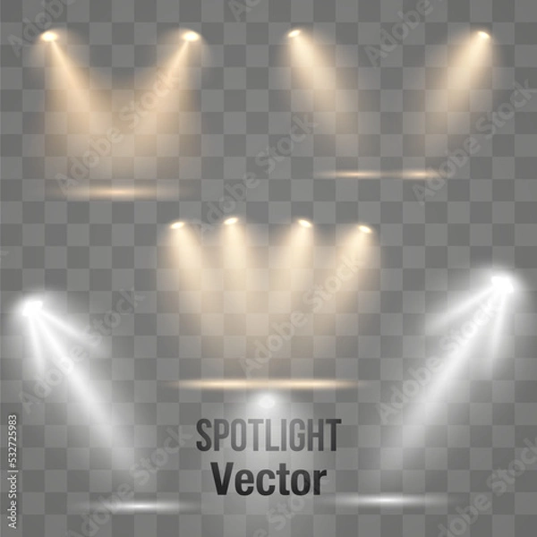 Fototapeta Set of golden spotlight isolated on transparent background. Glowing light effect with gold rays and beams. Scene floodlight spotlight stage beam.