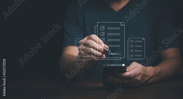 Fototapeta Online business with electronic signature contact on mobile phone, e-signing, digital document management, paperless office, signing business contact concept.
