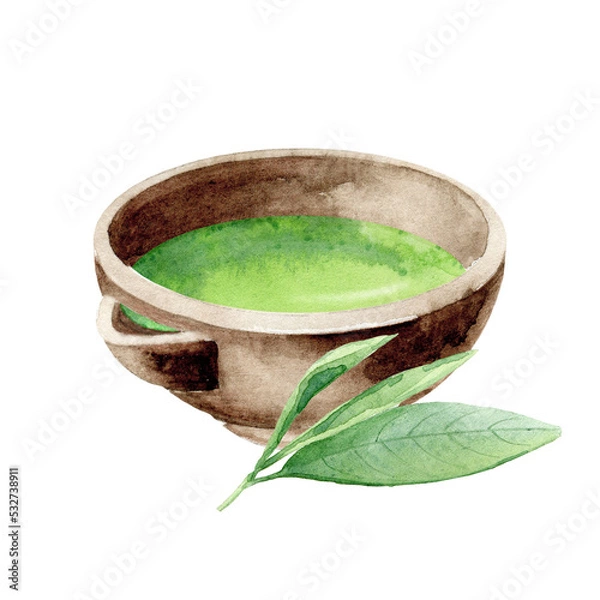 Obraz Matcha beverage in brown bowl with leaves. Healthy asian drink. Hand drawn watercolor illustration of herbal tea isolated on white. Single element for menu, recipe, label, packaging design.