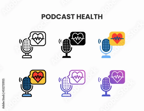 Fototapeta Healthcare Podcast icon set with line, outline, glyph, filled line, flat color, line gradient and flat gradient. Can be used for digital product, presentation, print design and more.