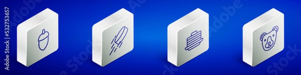 Fototapeta Set Isometric line Acorn, Hockey puck, Stack of pancakes and Bear head icon. Vector