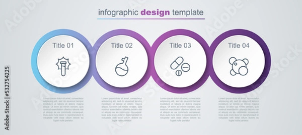 Fototapeta Set line Explosion in the flask, Test tube, Medicine pill or tablet and Molecule. Business infographic template. Vector