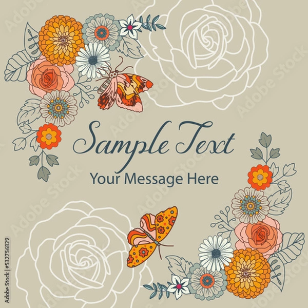 Fototapeta Vintage Retro Groovy Flowers and Butterflies Vector Frame Background