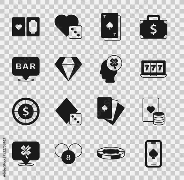 Fototapeta Set Online poker table game, Casino chip and playing cards, slot machine with jackpot, Playing spades, Diamond, Alcohol bar location, Deck of and clover icon. Vector