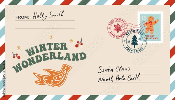 Fototapeta Christmas envelope with stamps, seals and inscriptions to santa claus. Winter wondarland sign in groovy style.