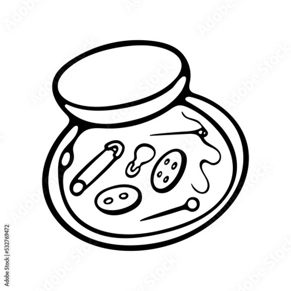 Obraz Craft supplies Sewing kit. Container with accessories for sewing. Thread, needle, and pins for sewing outline doodle cartoon Vector Illustration