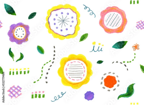 Fototapeta かわいい手描きの花のシームレスパターンの背景イラスト