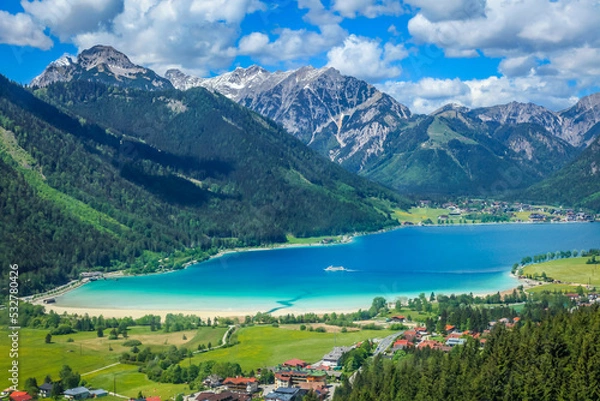 Fototapeta Above Achensee, turquoise lake, and Pertisau from Rofan in Tyrol, Austria