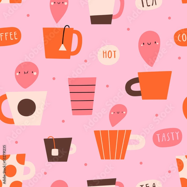 Fototapeta Cute seamless pattern with different coffee and tea cups. Hot beverage vector texture. Hand drawn smiley drinks background