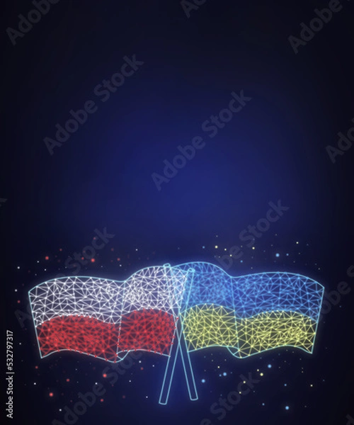 Fototapeta Two flags of Poland and Ukraine on cosmic dark background. Polygonal, linear image of flags on blue with space for text
