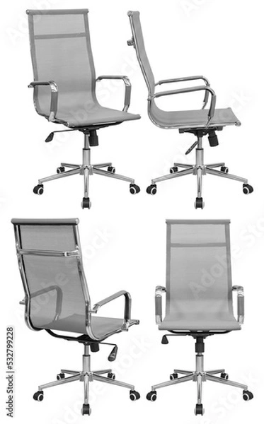 Fototapeta Grey office chair with mesh back. Isolated from the background. View from different sides