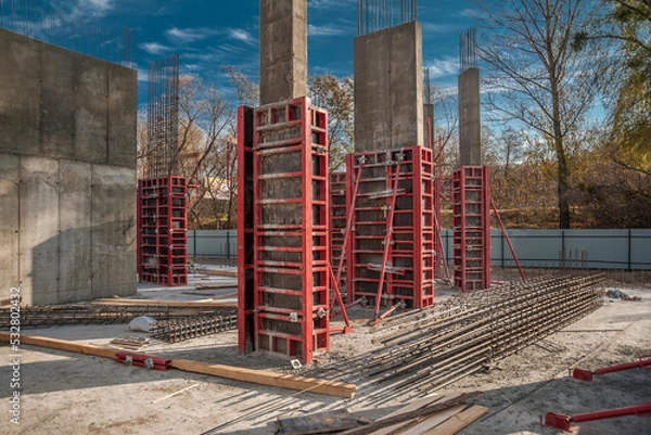 Obraz Monolithic columns from formwork in industrial construction.