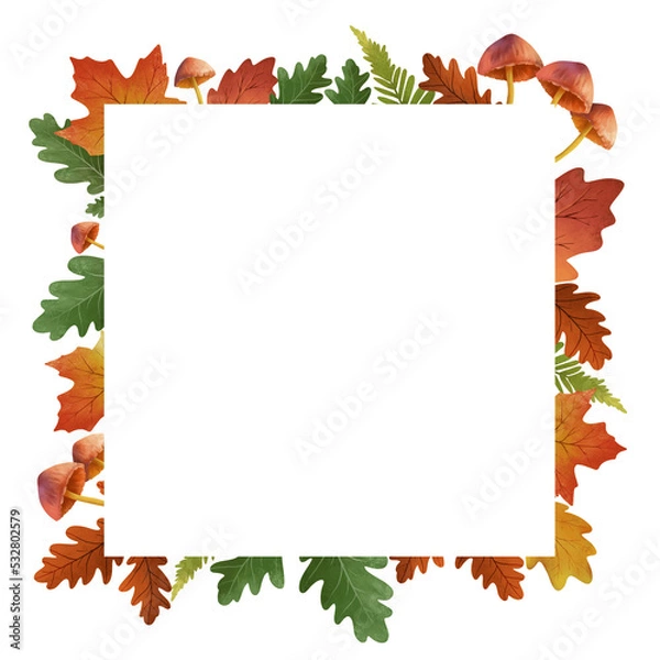 Fototapeta Fall forest frame with fallen autumn leaves. Botanical autumn border with acorn leaves and mushrooms on transparent background. Design element for invitations, greeting cards, cosmetic and other