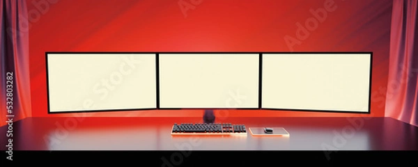 Fototapeta Game room computer desktop with red lights on the background, 3 monitor white screen mockup, gaming keyboard. 3d rendering illustration
