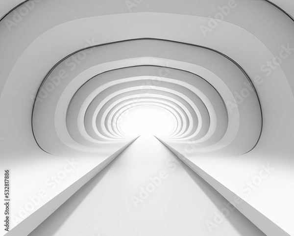 Obraz Modern white interior with tunnel space 3d rendering image. White curved corridor. There is light at the destination