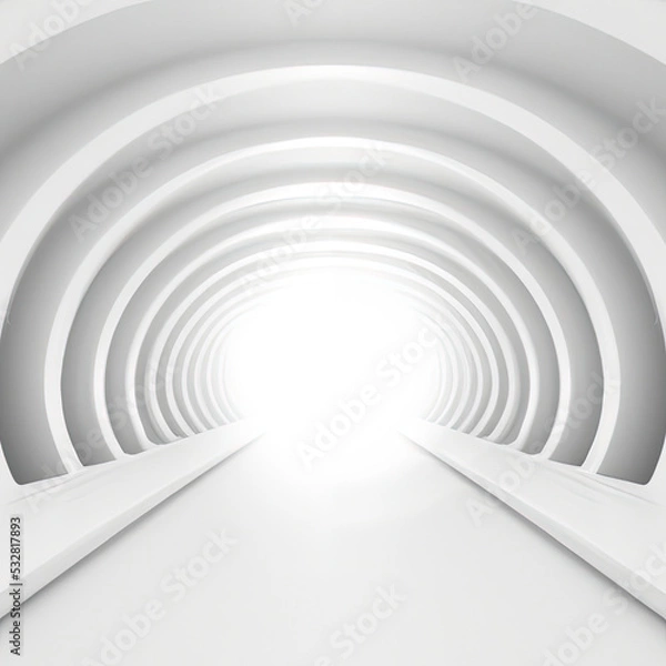 Fototapeta Modern white interior with tunnel space 3d rendering image. White curved corridor. There is light at the destination