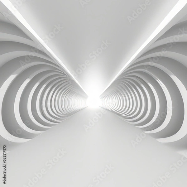 Obraz Modern white interior with tunnel space 3d rendering image. White curved corridor. There is light at the destination