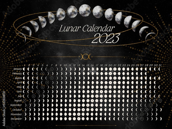 Fototapeta Dark horizontal Lunar Calendar of 2023 for Northern Hemisphere. Moon calendar with watercolor moons and silver elements
