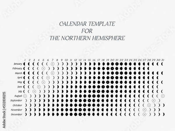 Fototapeta The template of the Lunar calendar 2023 for Northern Hemisphere on a white background. 
