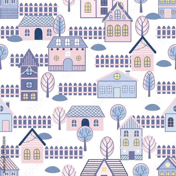 Obraz Vector Seamless pattern with hand drawn tree and house. Great for fabric, textile vector illustration