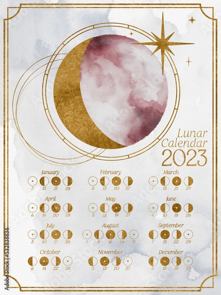 Fototapeta Lunar calendar for 2023 in Southern Hemisphere. Moon calendar with watercolor moon and moon phases with golden texture