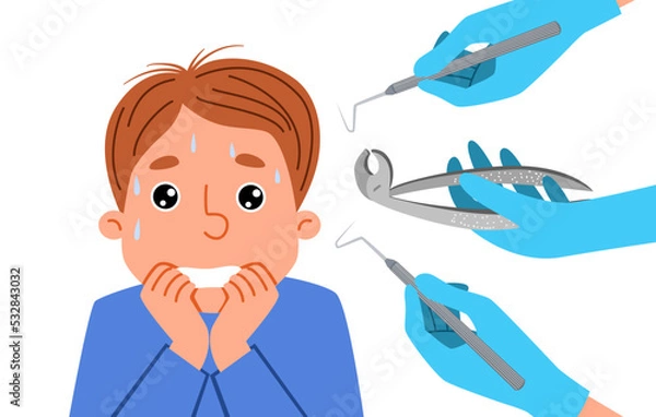 Fototapeta The boy is afraid of the dentist. A frightened patient is a child experiencing a panic attack in the office of a dental clinic. Vector cartoon illustration in a flat style.