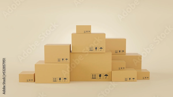 Fototapeta 3D render of pile of stacked realistic cardboard brown delivery boxes mockup on brown background. delivery cargo box with fragile care sign symbol, handling with care. Parcel packaging template.