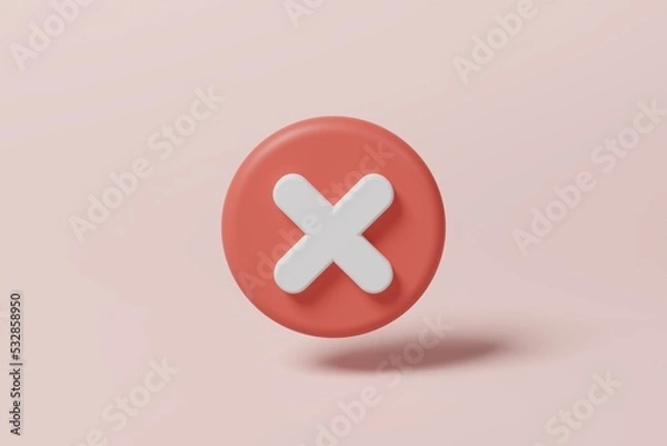Fototapeta Red X mark in a circle shape on pink background. Error, Cancel, Ban, Failed concept. 3d rendering