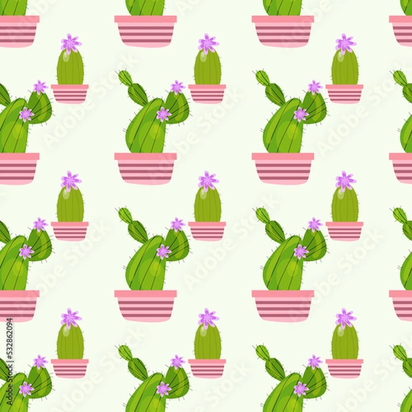 Fototapeta cactus plant with flowers decoratif pattern. Illustration vector graphic seamless pattern. Print on cloth, fabric, linen, textile and wallpaper background
