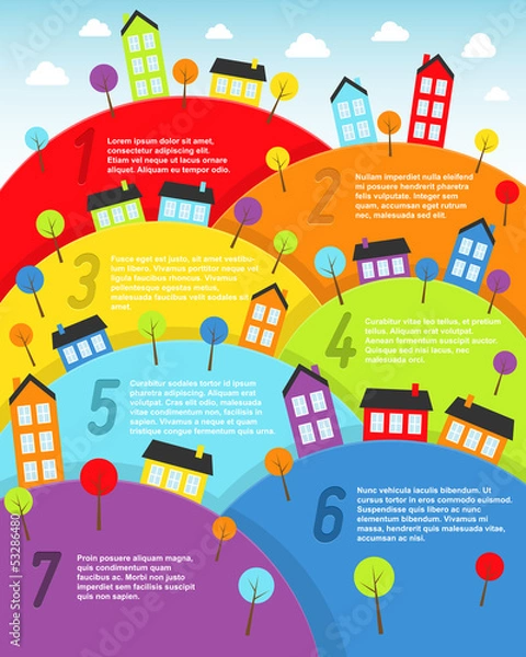 Obraz Rainbow landscape with small town. Vector illustration.