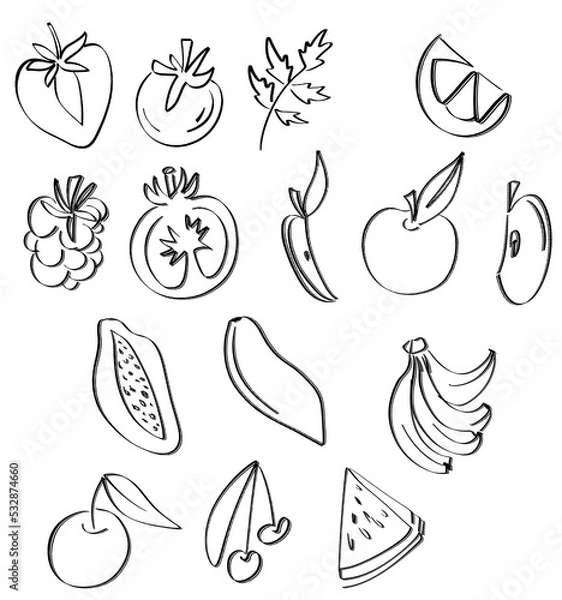 Fototapeta Simple set of fruits outline ollustration. Vegetarian healthy food, sketch of food for menu illustration
