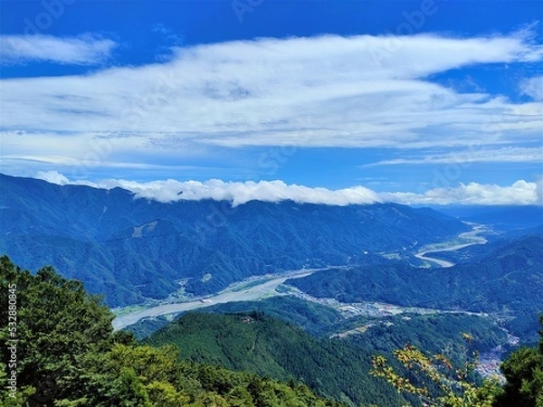 Fototapeta 蛇行する川と雲