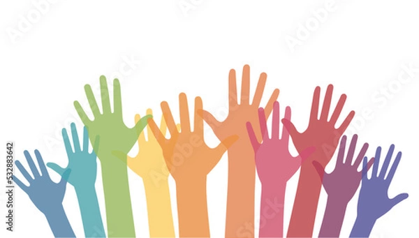Fototapeta Colorful Hands Raised Up. Colorful overlapping silhouettes of hands raised.