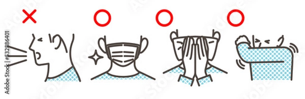Obraz Prevention of coronavirus, colds, flu, and other illnesses through cough etiquette, including masks [Vector illustration].