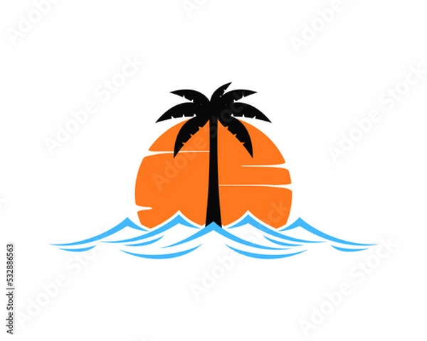 Obraz Palm silhouette with sunset and wave