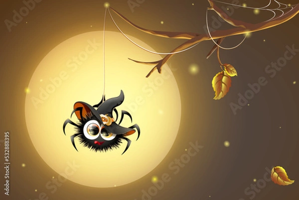 Fototapeta Cute cartoon fluffy little spider in witch hat  hanging on his spiderweb on the full moon back ground