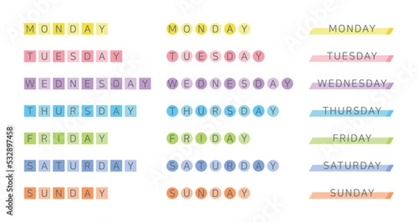 Fototapeta Set of colorful and abstract shaped day of the week label icon design. Point sticker to decorate diary, scheduler, calendar, planner.