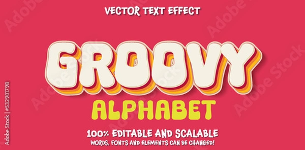 Fototapeta 70s retro groovy alphabet  effect letters font and number, Typography decorative fonts vintage concept, Inspirational slogan print with hippie symbol for graphic tee t shirt logo, vector text effect