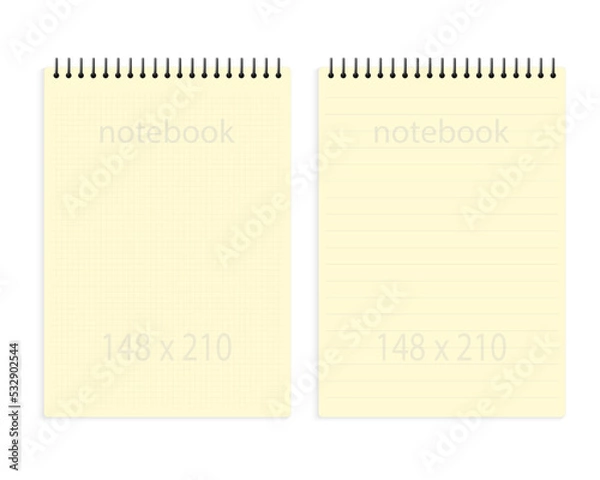 Fototapeta notebook a5 148x210. Yellow blank notepad paper page template with  squared lines. Mock up cover for business memo diary and empty sketchbook with spirals.