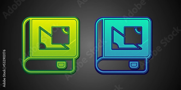 Obraz Green and blue Book about geometry icon isolated on black background. Vector