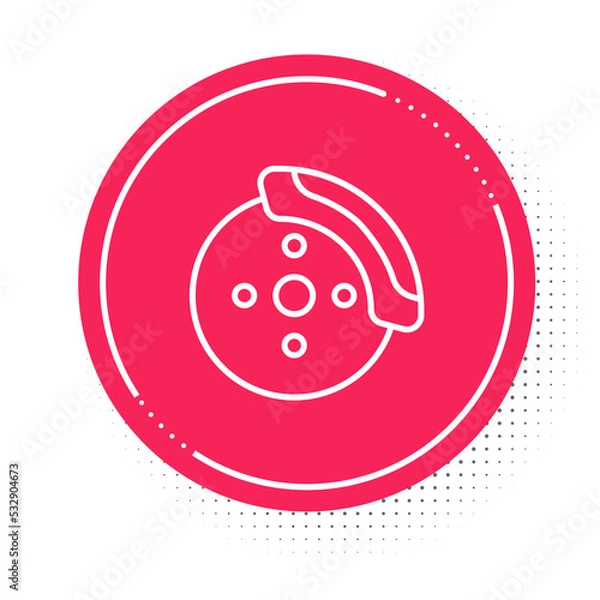 Fototapeta White line Car brake disk with caliper icon isolated on white background. Red circle button. Vector