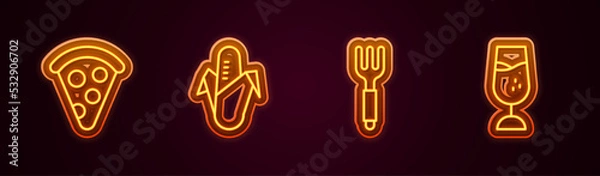 Fototapeta Set line Slice of pizza, Corn, Fork and Wine glass. Glowing neon icon. Vector
