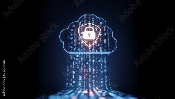 Fototapeta 3D Rendering of digital cloud with shield icon and binary data. For big data cloud computing, artificial intelligence(AI), machine learning, transformation, Internet security background